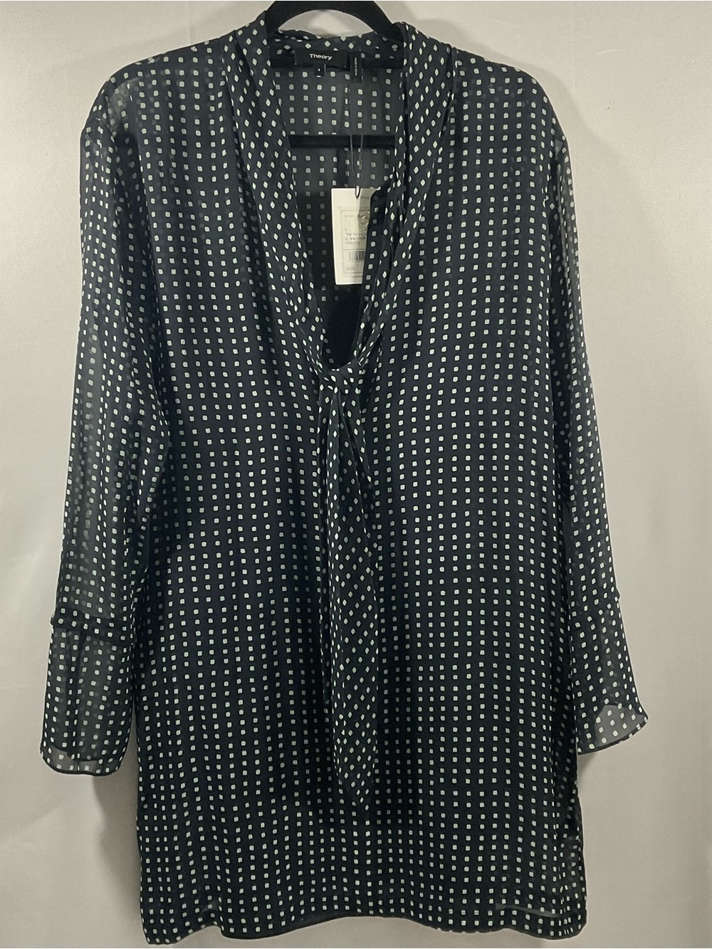 Theory Black Blouse with White Dot Tie-Neck